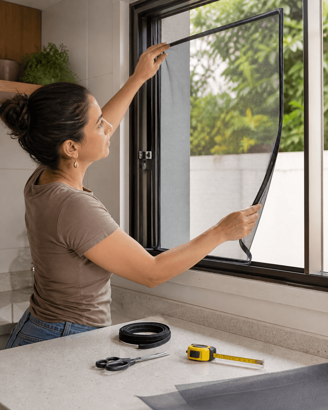 Pessoa instalando uma tela mosquiteira removível em uma janela